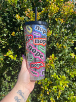 Ashy Anne 'NOPE" Glitter Tumbler (multicoloured print, Black lid/straw and Silver holographic glitter)